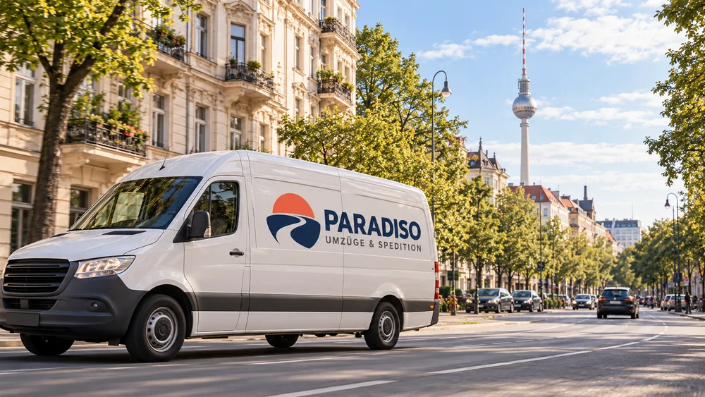 Paradiso-Umzugswagen auf einer Berliner Straße mit dem Fernsehturm im Hintergrund.