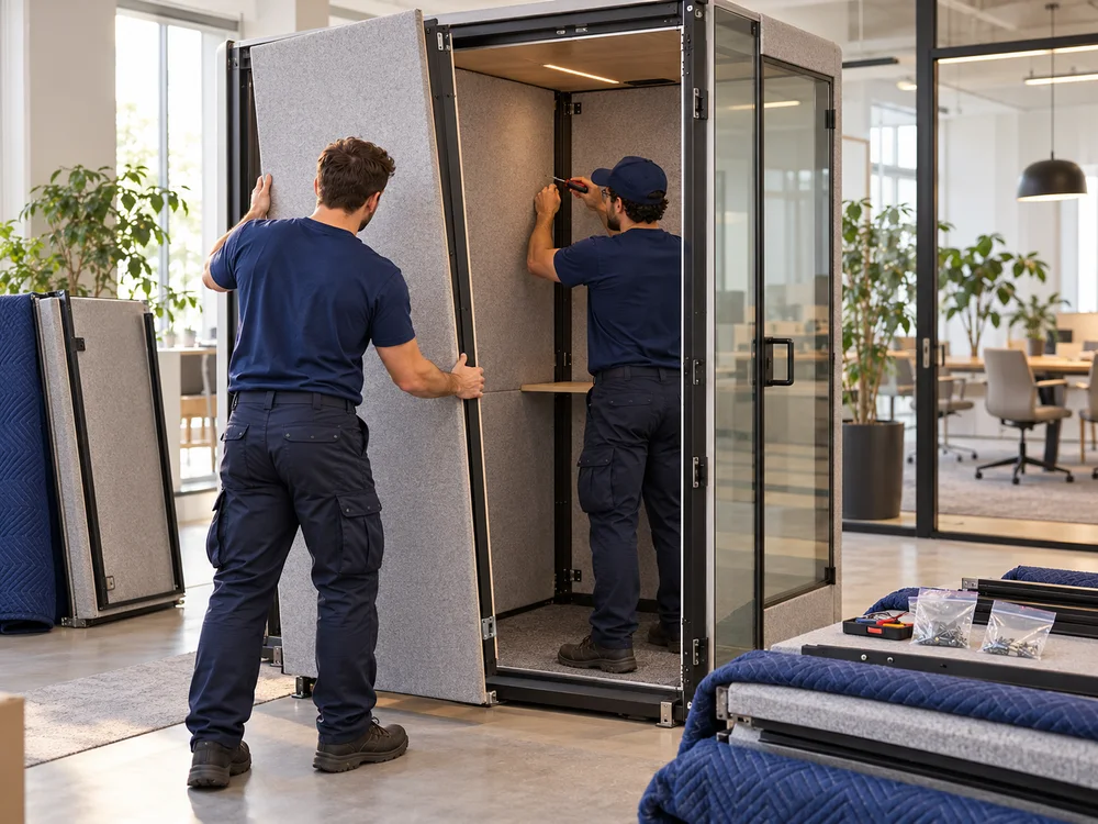 Zwei Umzugshelfer in dunkelblauer Arbeitskleidung bauen vorsichtig eine Akustikkabine ab.