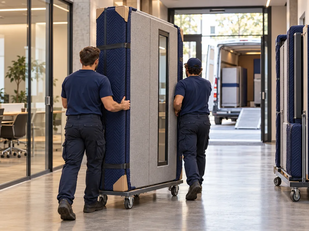 Zwei Umzugshelfer in dunkelblauer Arbeitskleidung transportieren ein gepolstertes Kabinenmodul auf einem Rollwagen.