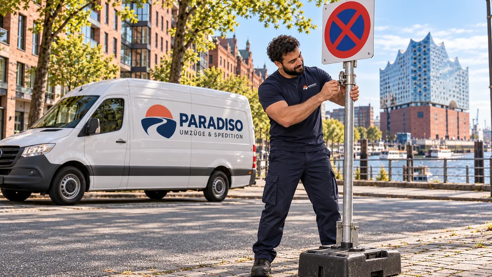 Mitarbeiter in dunkelblauer Arbeitskleidung richtet ein mobiles Halteverbotsschild aus; Paradiso-Transporter und Hamburger Elbphilharmonie dahinter.