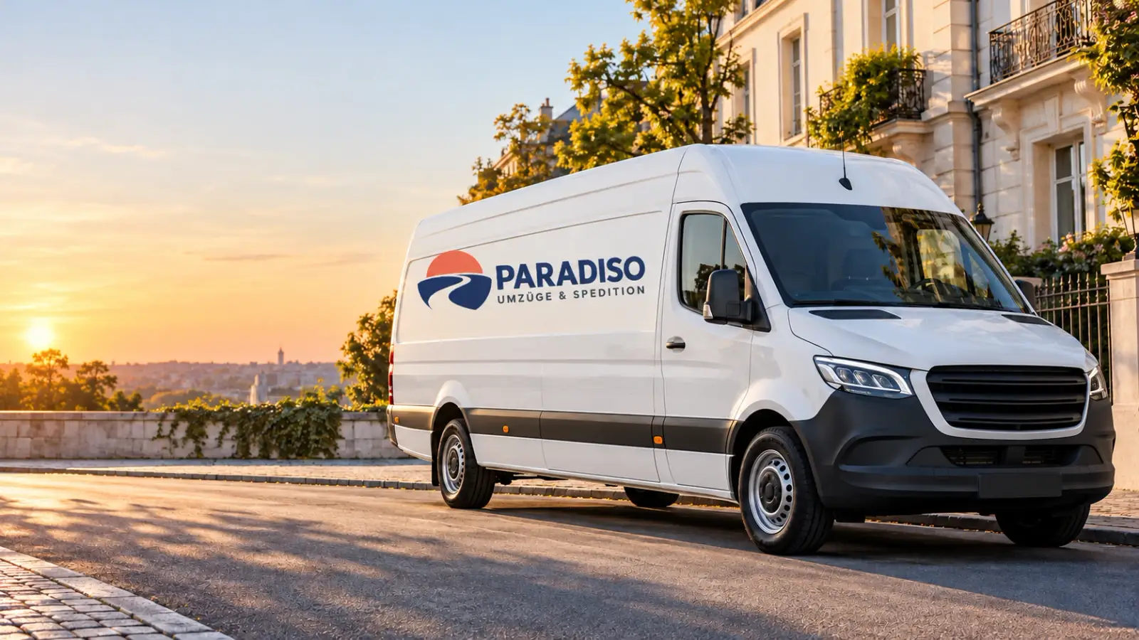 White moving van with the Paradiso logo in front of an old Berlin apartment building in the evening light