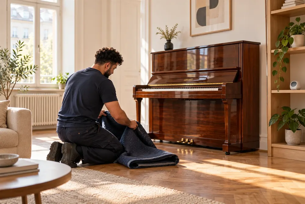 Ein Umzugshelfer legt eine Schutzdecke neben einem Klavier aus