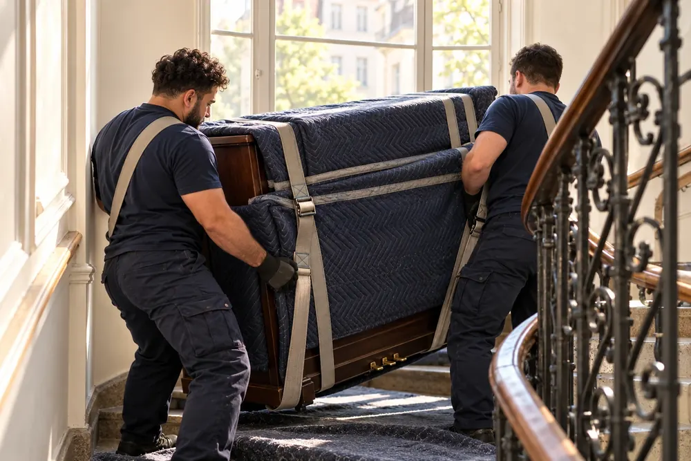 Zwei Umzugshelfer tragen ein in Decken gepacktes Klavier durch ein Treppenhaus