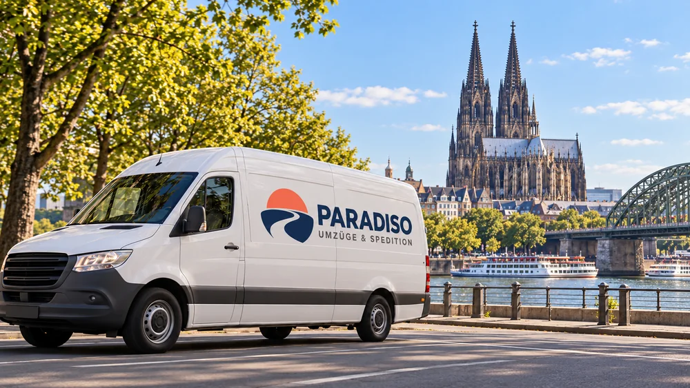 Weißer Paradiso-Transporter am Rhein mit Kölner Dom und Hohenzollernbrücke im Hintergrund.