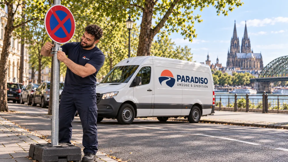 Mitarbeiter in dunkelblauer Arbeitskleidung befestigt ein mobiles Halteverbotsschild am Straßenrand; Paradiso-Transporter, Rhein und Kölner Dom im Hintergrund.