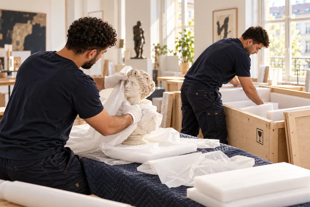 Zwei Umzugshelfer verpacken eine Skulptur mit Papier und Schaumstoff