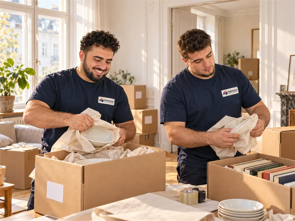 Zwei Umzugshelfer packen Geschirr und Bücher in Kartons