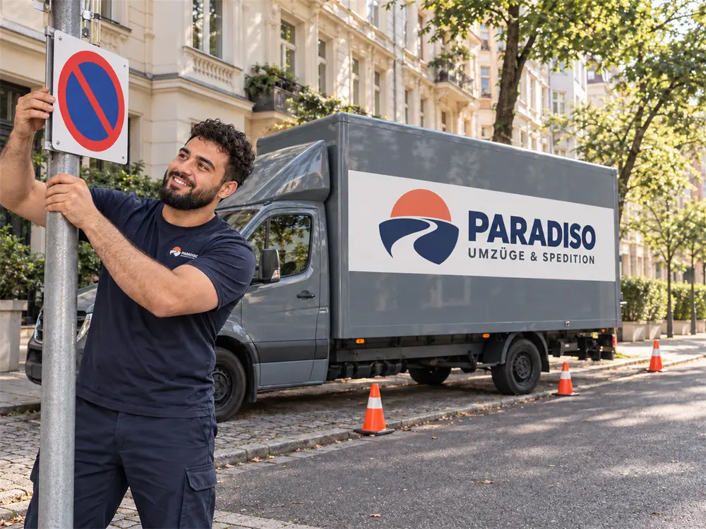 A mover mounts a no-parking sign, with the Paradiso truck in the background