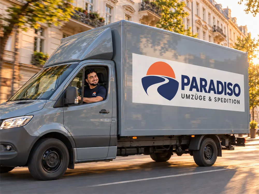 Grey moving truck with the Paradiso logo driving down a Berlin street lined with old buildings