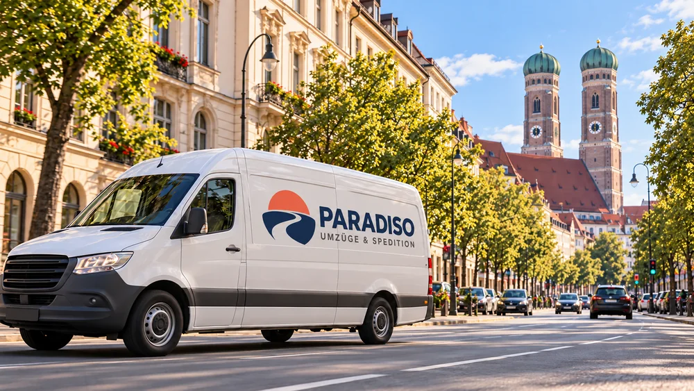 Weißer Paradiso-Transporter auf einer Münchner Straße mit den beiden Türmen der Frauenkirche im Hintergrund.