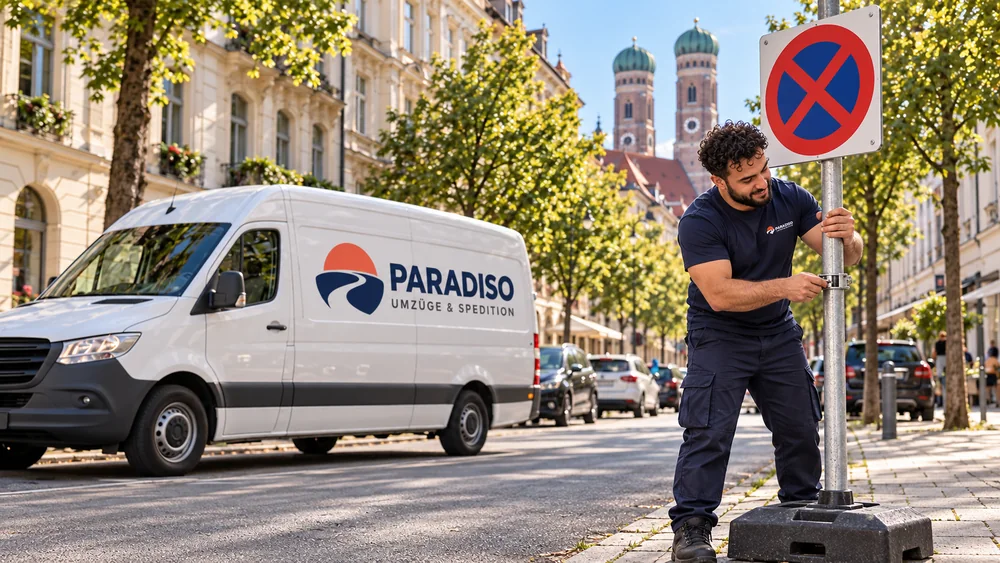 Mitarbeiter in dunkelblauer Arbeitskleidung stellt ein mobiles Halteverbotsschild auf; Paradiso-Transporter und die Türme der Münchner Frauenkirche im Hintergrund.