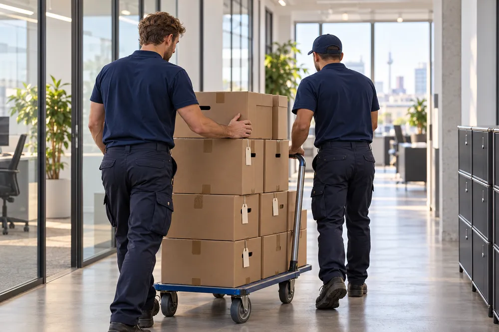 Geschlossene Büroumzugskartons mit Unterlagen werden auf einem Rollwagen transportiert