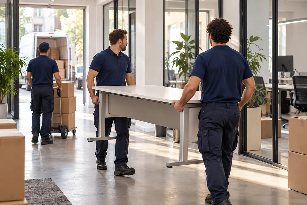 Das Team von Paradiso Umzüge trägt Büromöbel und geschlossene Umzugskartons in ein neues Büro