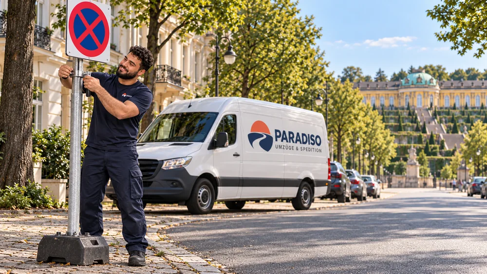 Mitarbeiter in dunkelblauer Arbeitskleidung befestigt ein mobiles Halteverbotsschild; Paradiso-Transporter und Schloss Sanssouci im Hintergrund.