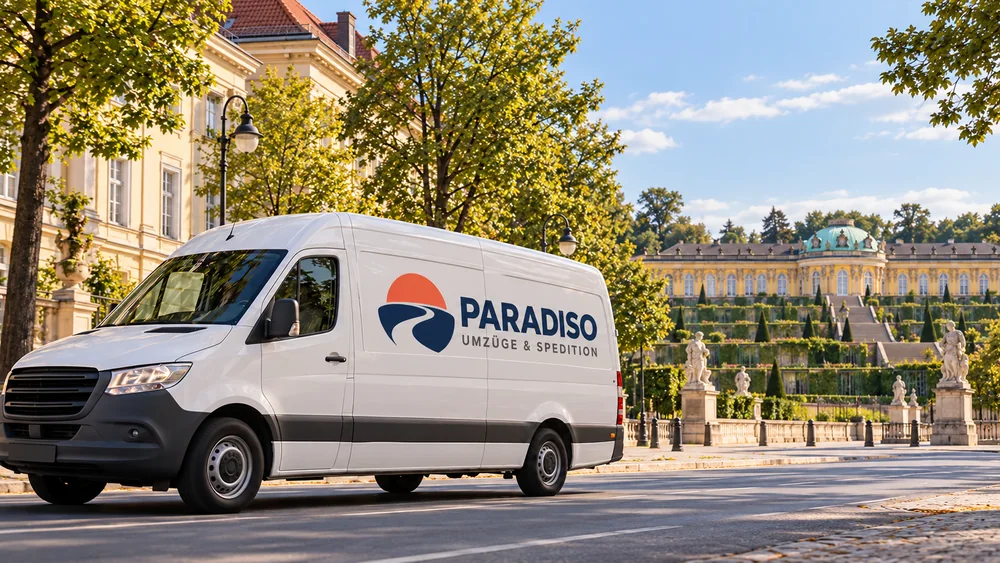 Weißer Paradiso-Transporter vor der Gartenanlage von Schloss Sanssouci in Potsdam.