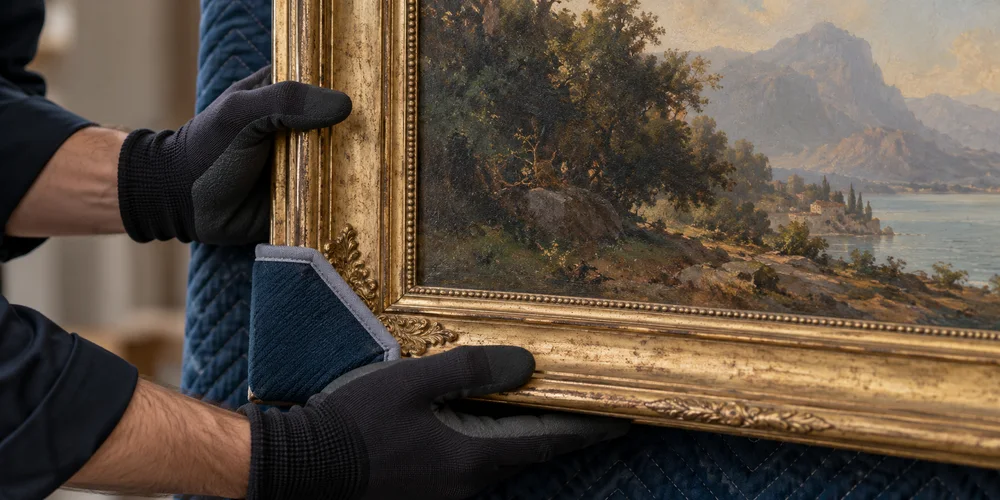 Geschützte Hände tragen ein gerahmtes Kunstwerk beim Spezialtransport