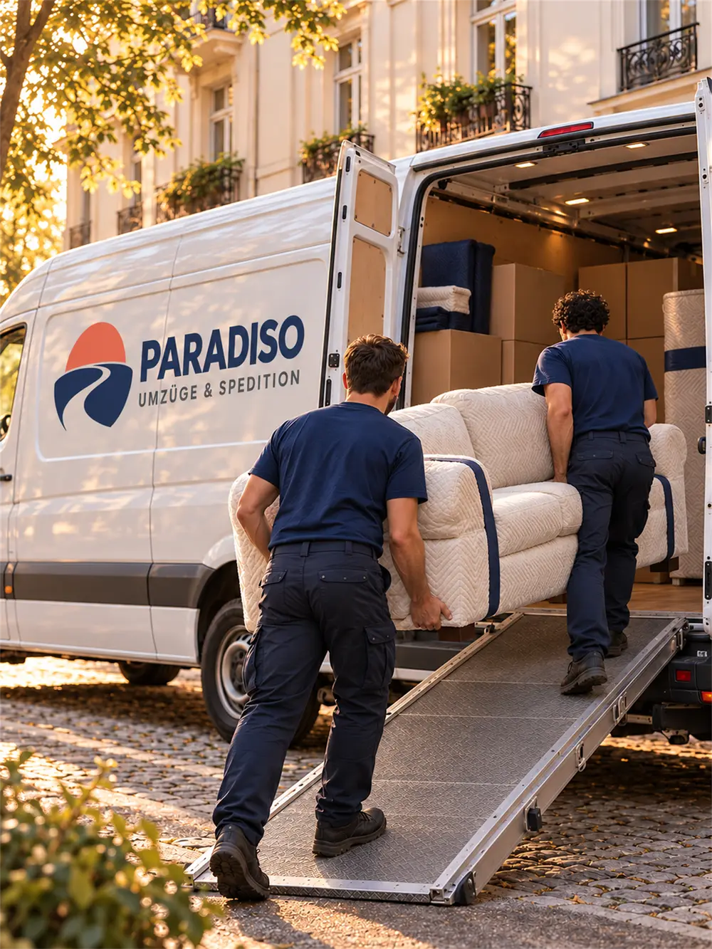 Two movers carry a wrapped sofa up a ramp into the van