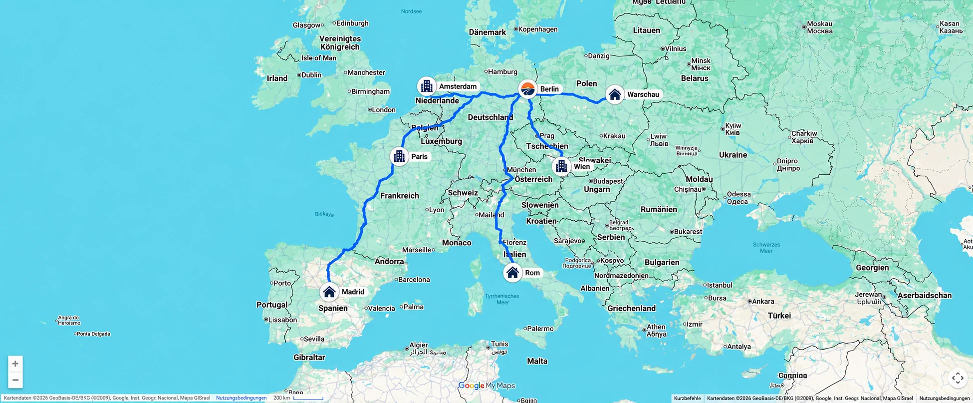 Beispielrouten von Berlin nach Amsterdam, Paris, Warschau, Madrid, Wien und Rom.