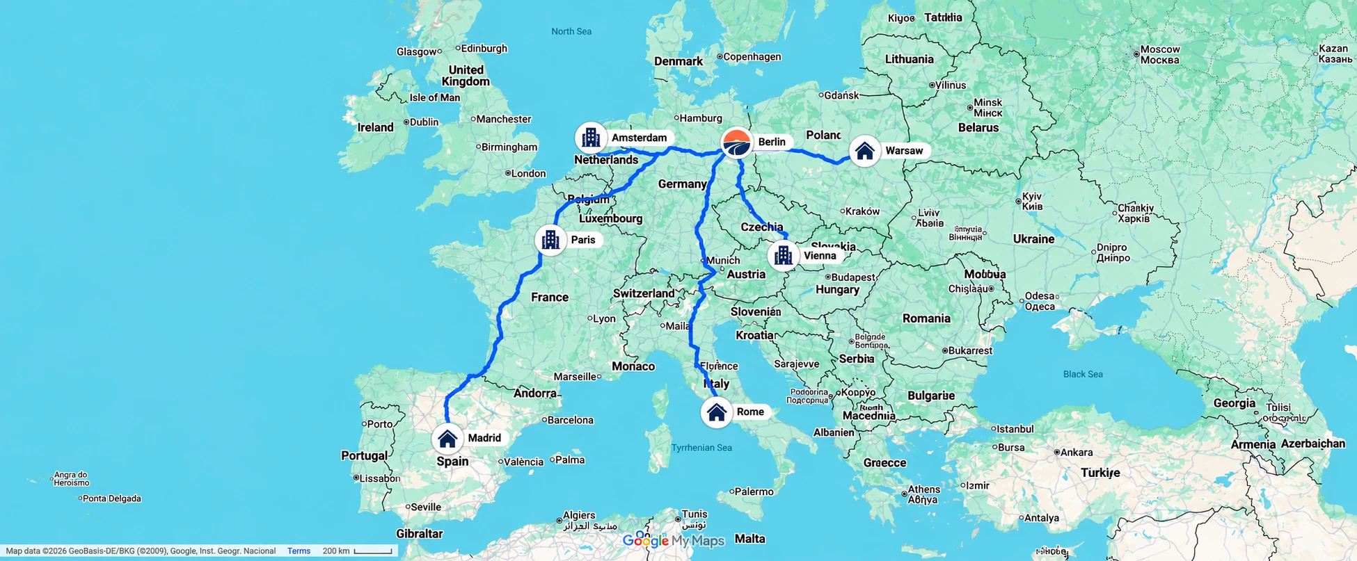 Example routes from Berlin to Amsterdam, Paris, Warsaw, Madrid, Vienna, and Rome.
