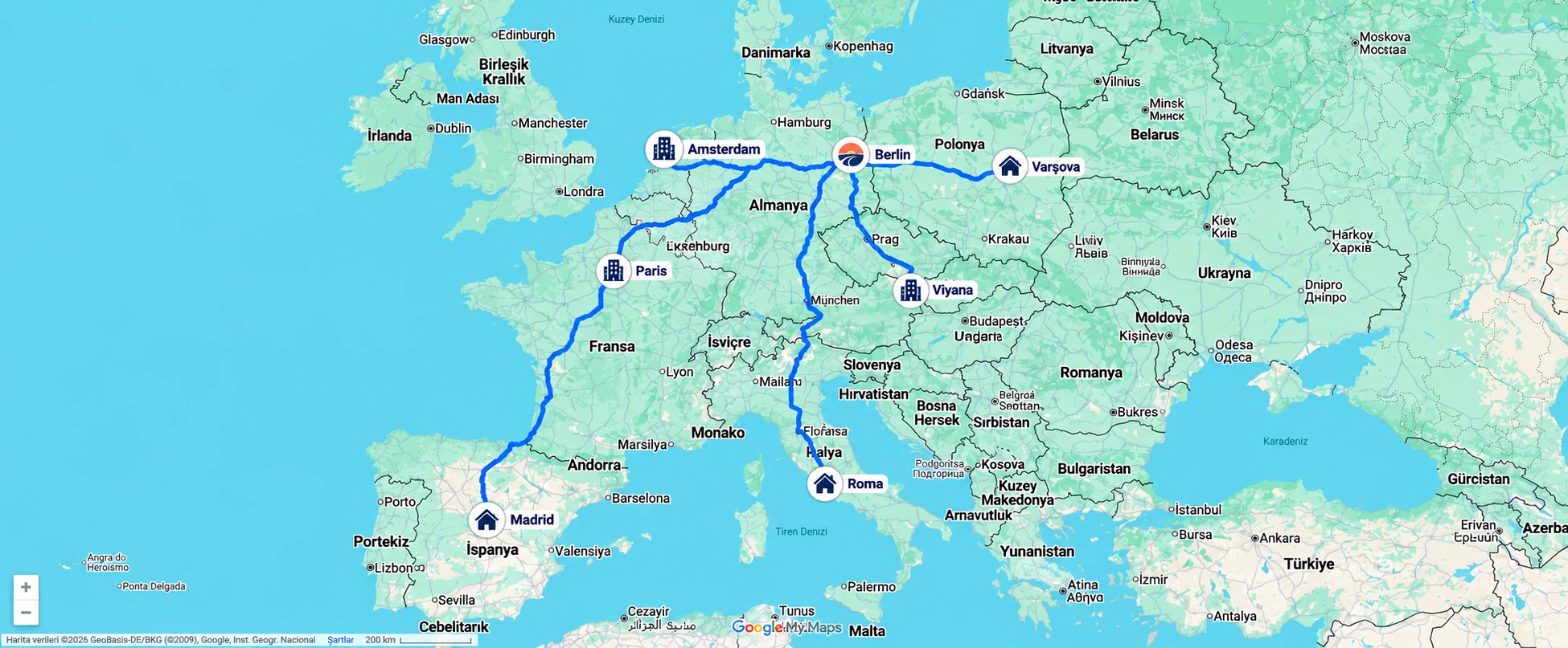 Berlin’den Amsterdam, Paris, Varşova, Madrid, Viyana ve Roma’ya örnek rotalar.