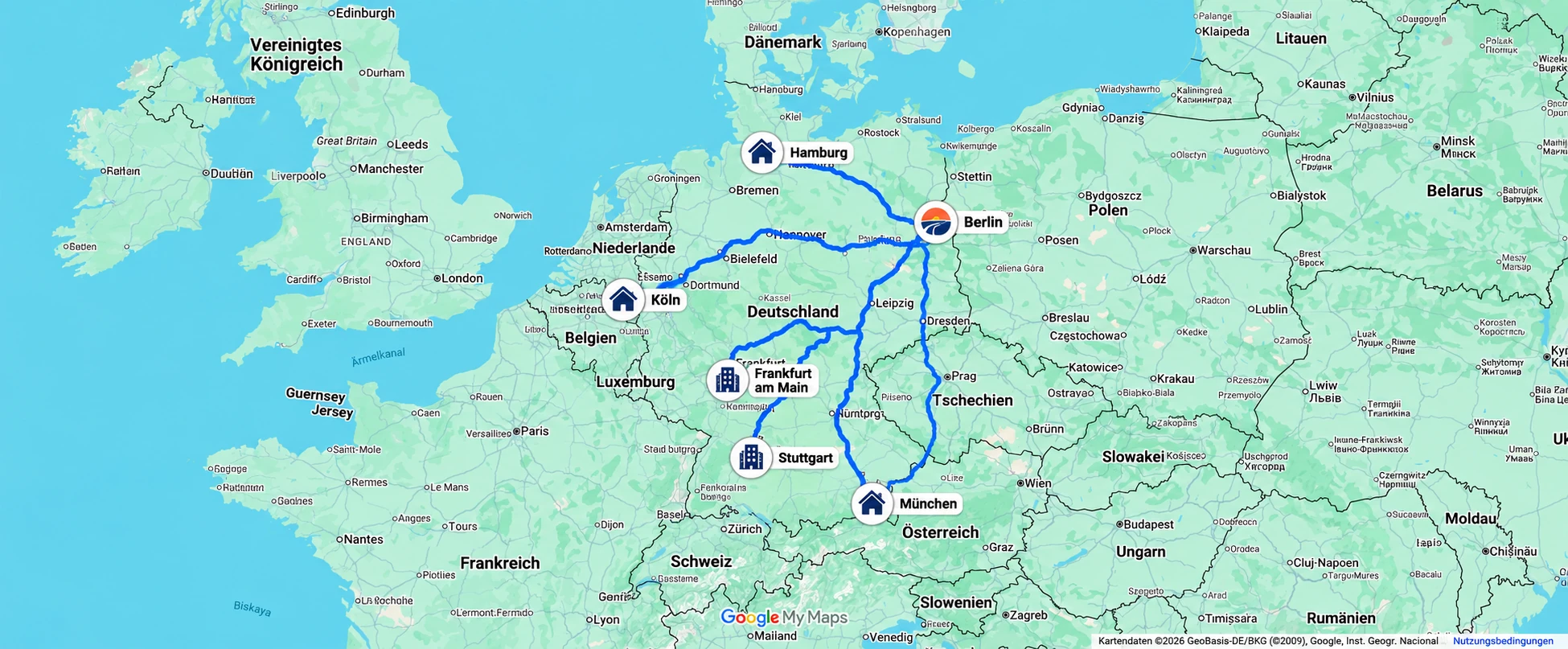 Beispielrouten von Berlin nach Hamburg, Köln, Frankfurt, Stuttgart und München.