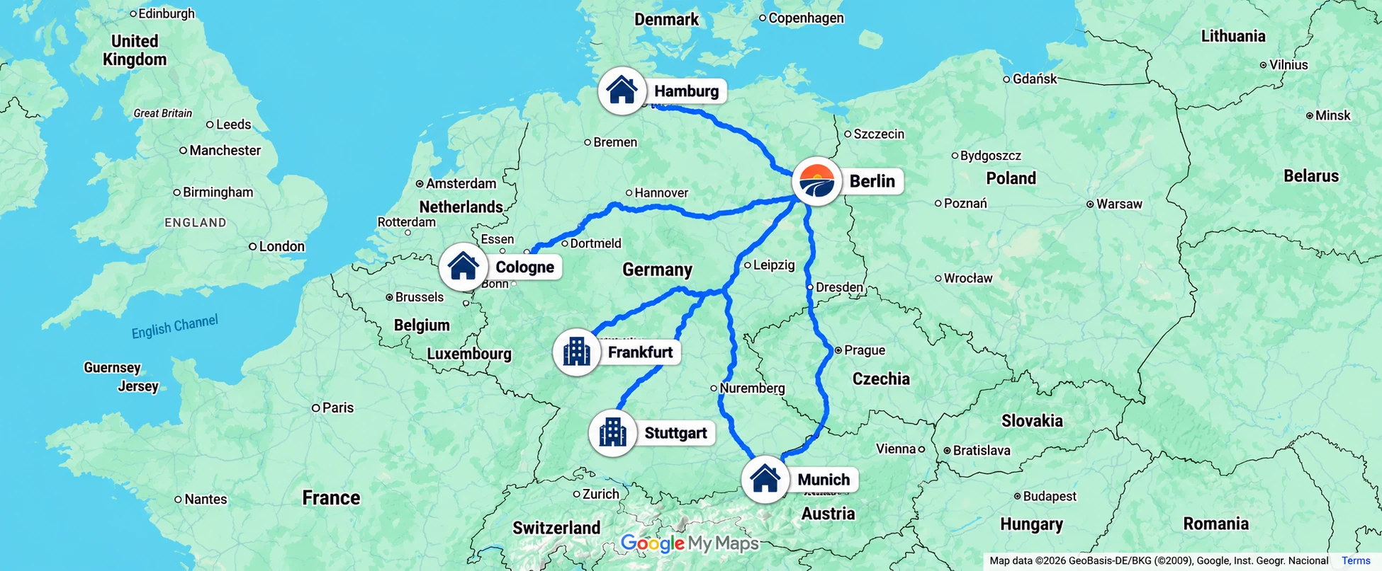 Example routes from Berlin to Hamburg, Cologne, Frankfurt, Stuttgart, and Munich.