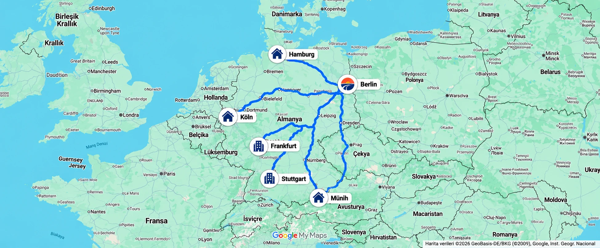 Berlin’den Hamburg, Köln, Frankfurt, Stuttgart ve Münih’e örnek rotalar.